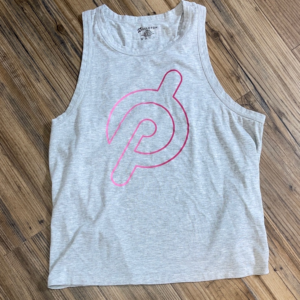 Peloton Heather Gray Muscle Tee with Pink Emblem